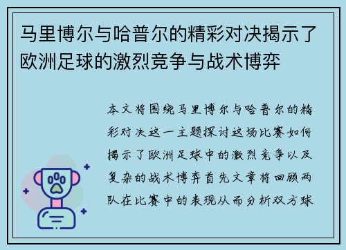 马里博尔与哈普尔的精彩对决揭示了欧洲足球的激烈竞争与战术博弈